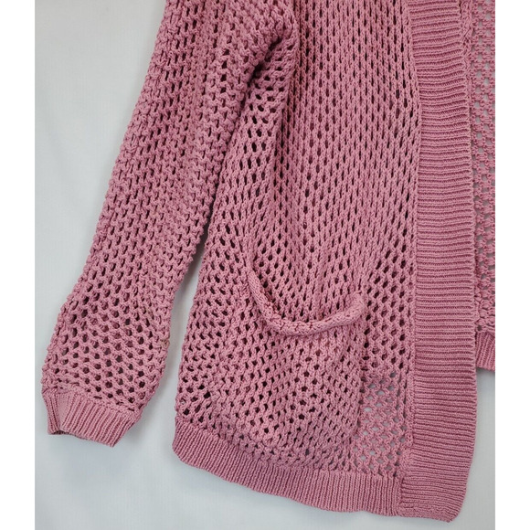 Arizona Jean Open Cardigan Fishnet Sweater Women L Pointelle Pink Pockets - Picture 7 of 11